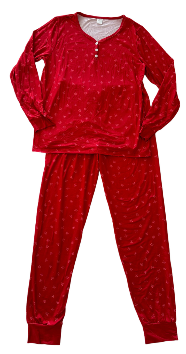 (SAMPLE) - Women's Two Piece Pink Red Bow Matching Pyjama Set - UK 10-12