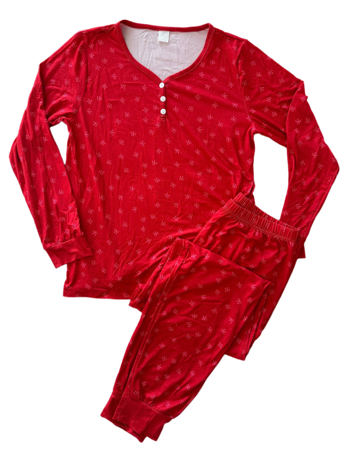 (SAMPLE) - Women's Two Piece Pink Red Bow Matching Pyjama Set - UK 10-12