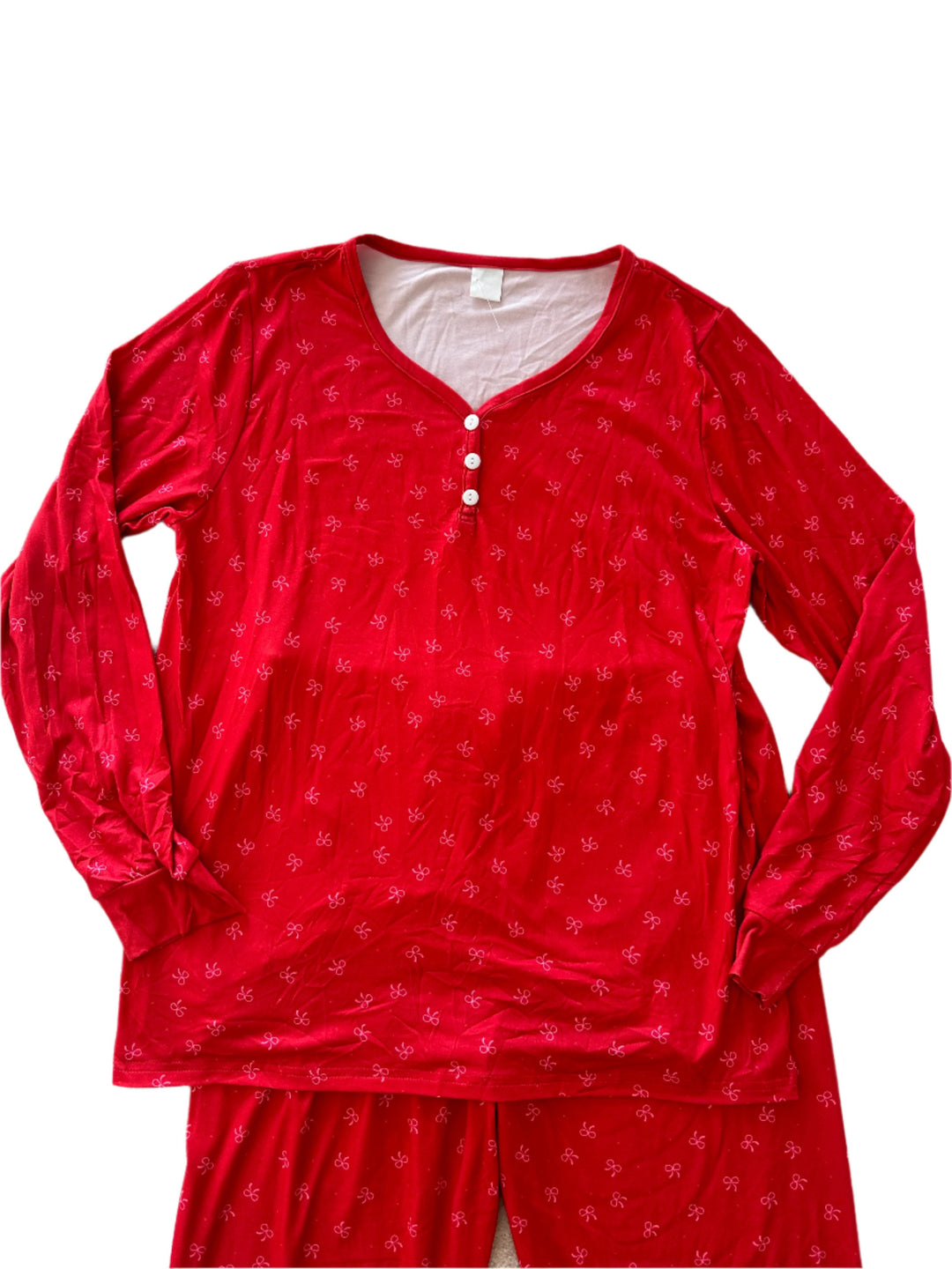 (SAMPLE) - Women's Two Piece Pink Red Bow Matching Pyjama Set - UK 10-12