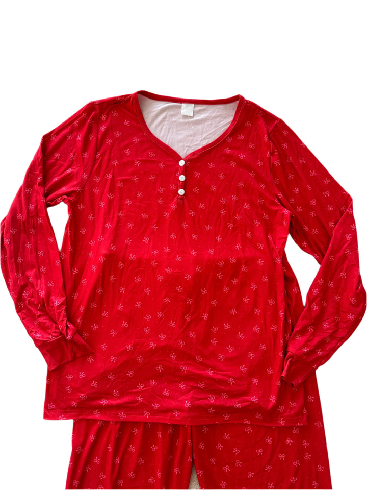 (SAMPLE) - Women's Two Piece Pink Red Bow Matching Pyjama Set - UK 10-12